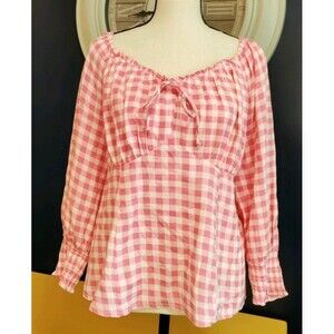 Cato Babydoll Blouse Gingham Medium Pink and White Peasant Cottagecore Top